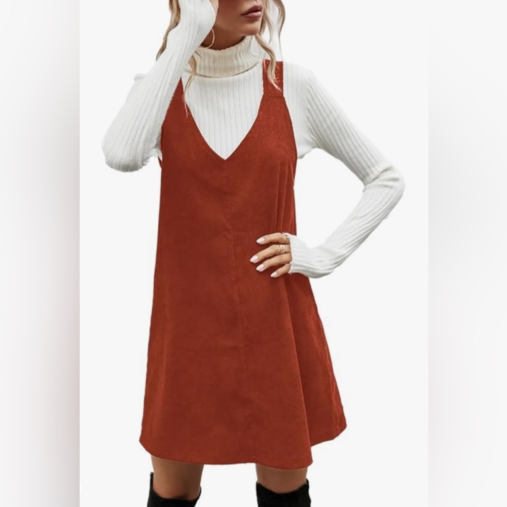 NWT Milumia Rust V Neck Corduroy Pinafore Overall Mini Dress